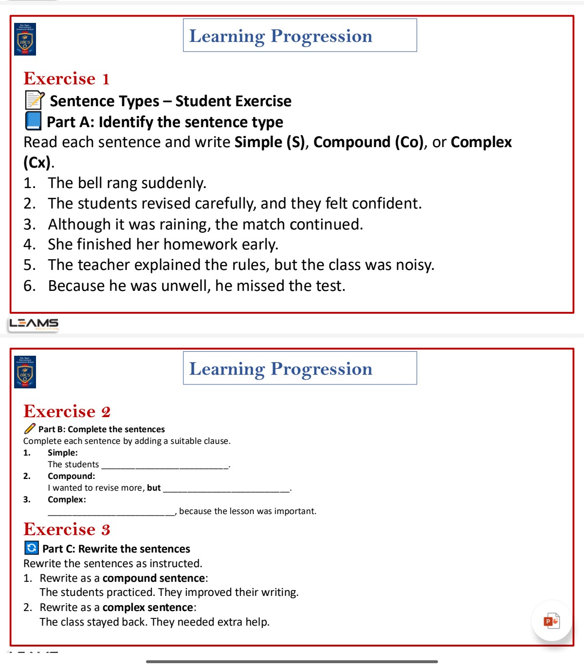 Photo of a course on  Sentence Types Student Exercise