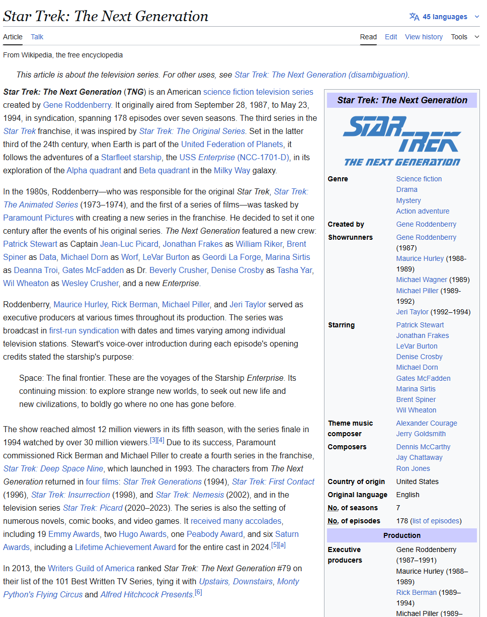 Photo of a course on  Star Trek: The Next Generation