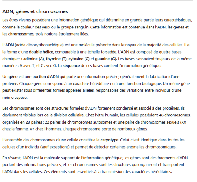 Photo d'un cours de  ADN, Gènes et Chromosomes