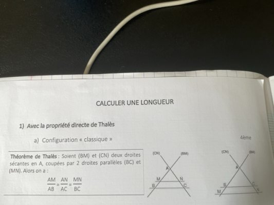 Photo d'un cours de  Calcul des longueurs avec Thalès