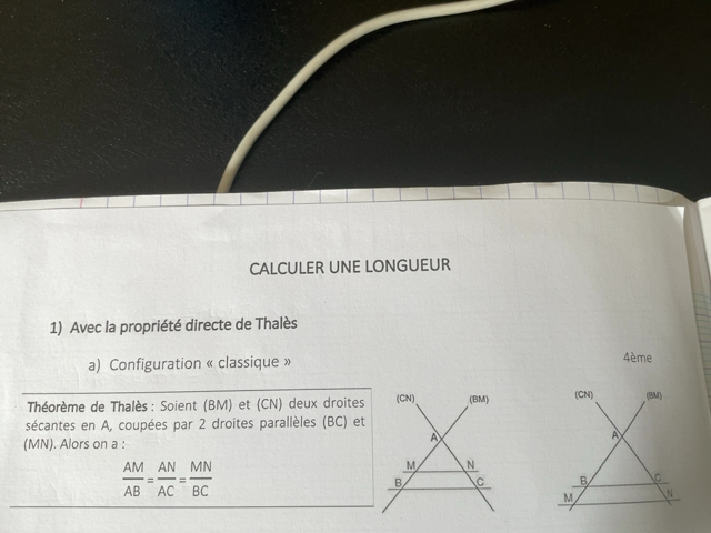Photo d'un cours de  Calcul des longueurs avec Thalès