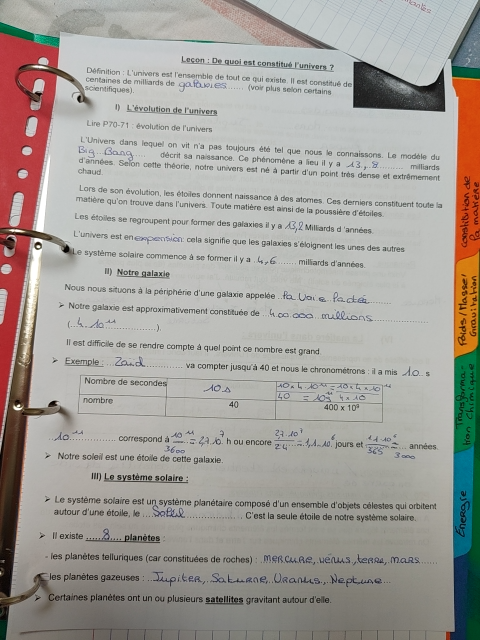 Photo d'un cours de  Composition et évolution de l'univers