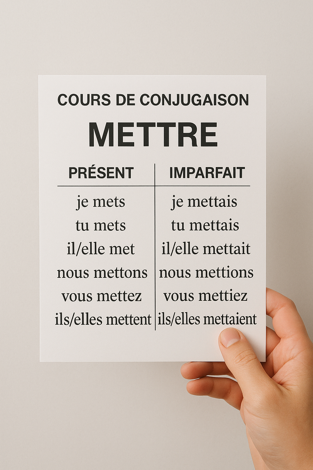 Photo d'un cours de  Conjugaison du verbe 'mettre'