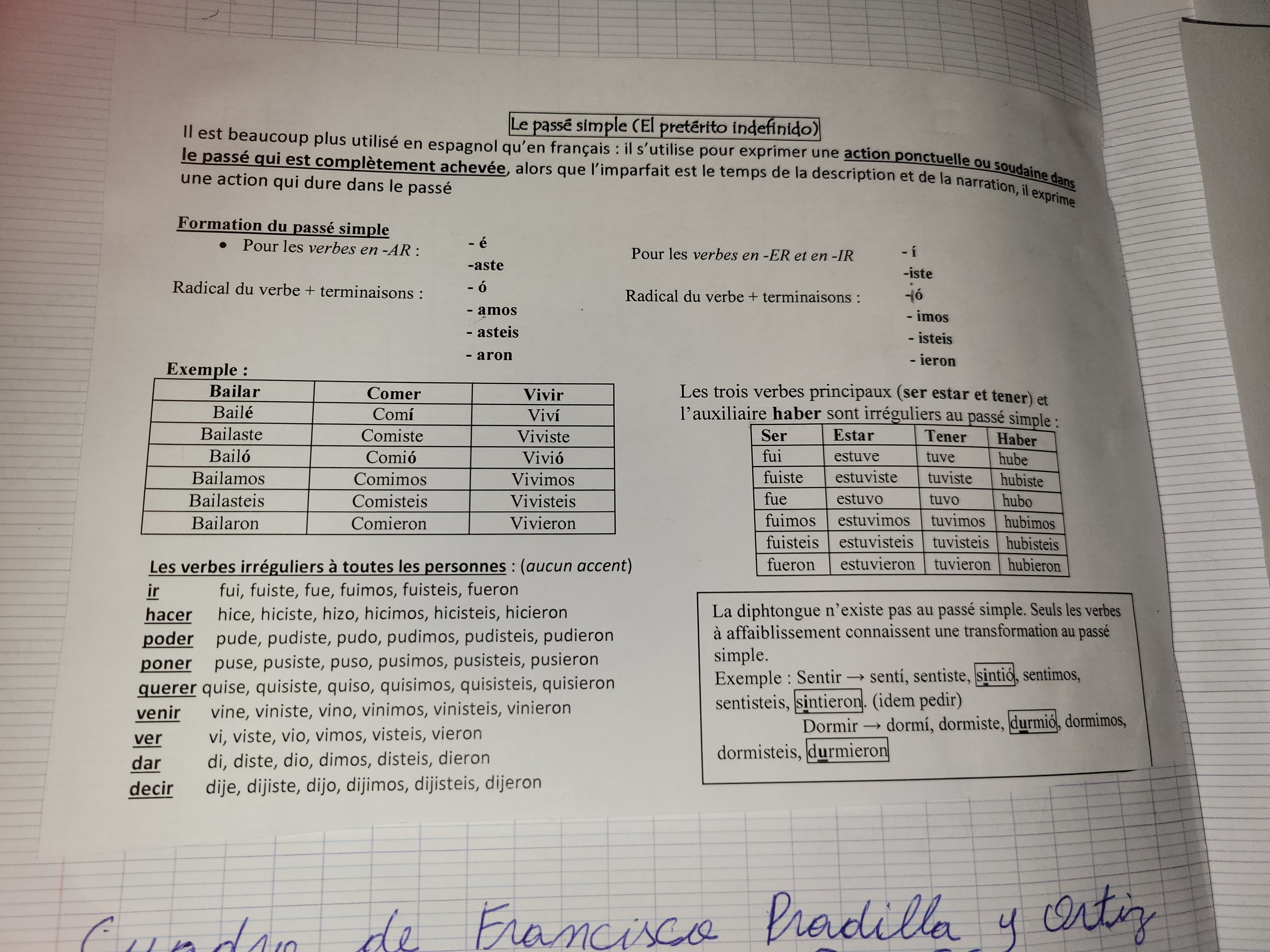 Photo d'un cours de  Conjugaison Espagnole : Passé Simple