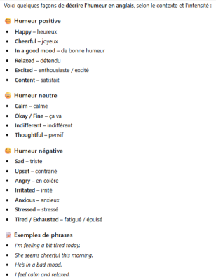Décrire l'humeur en anglais quiz