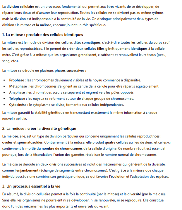 Photo d'un cours de  Division cellulaire et ses types