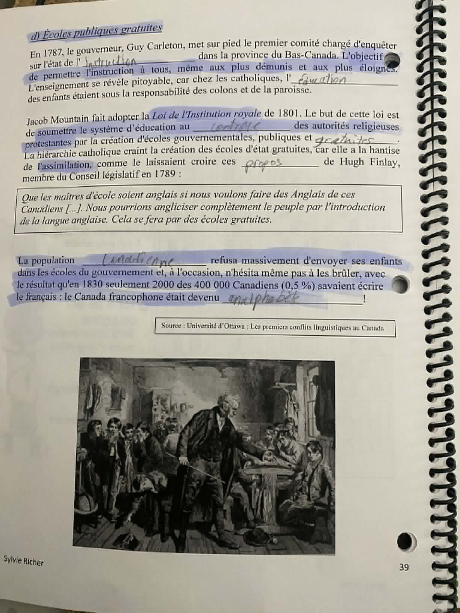 Photo d'un cours de  Éducation publique au Bas-Canada
