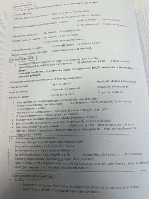 Photo d'un cours de  Emplois des verbes ser et estar