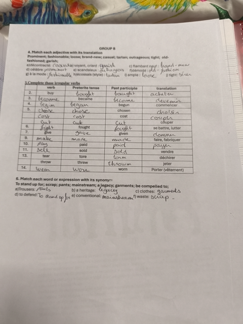 Photo d'un cours de  Exercice d'anglais : vocabulaire et conjugaison