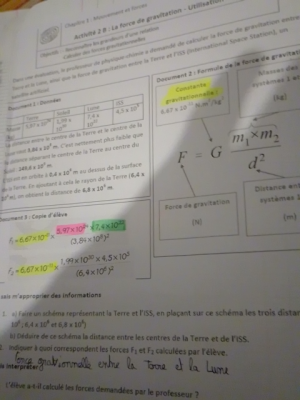 Photo d'un cours de  Exercice sur la force gravitationnelle