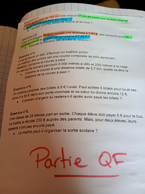Photo d'un cours de  Exercices Mathématiques pour Élèves