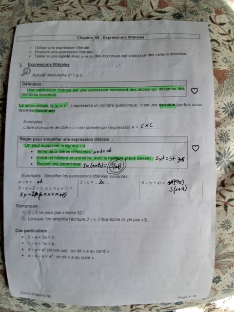 Photo d'un cours de  Expressions Littérales en Mathématiques