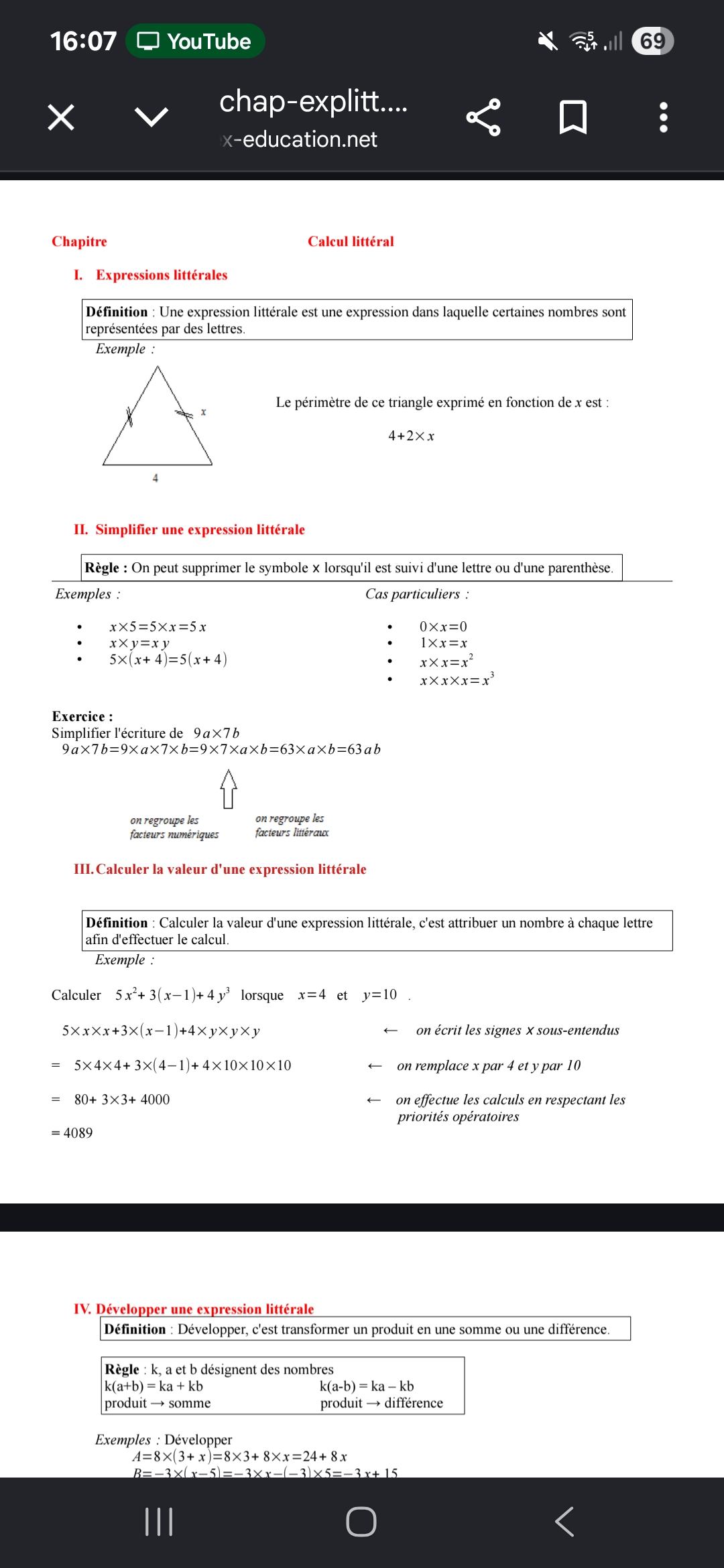 Photo d'un cours de  Expressions Littérales et Calcul Littéral