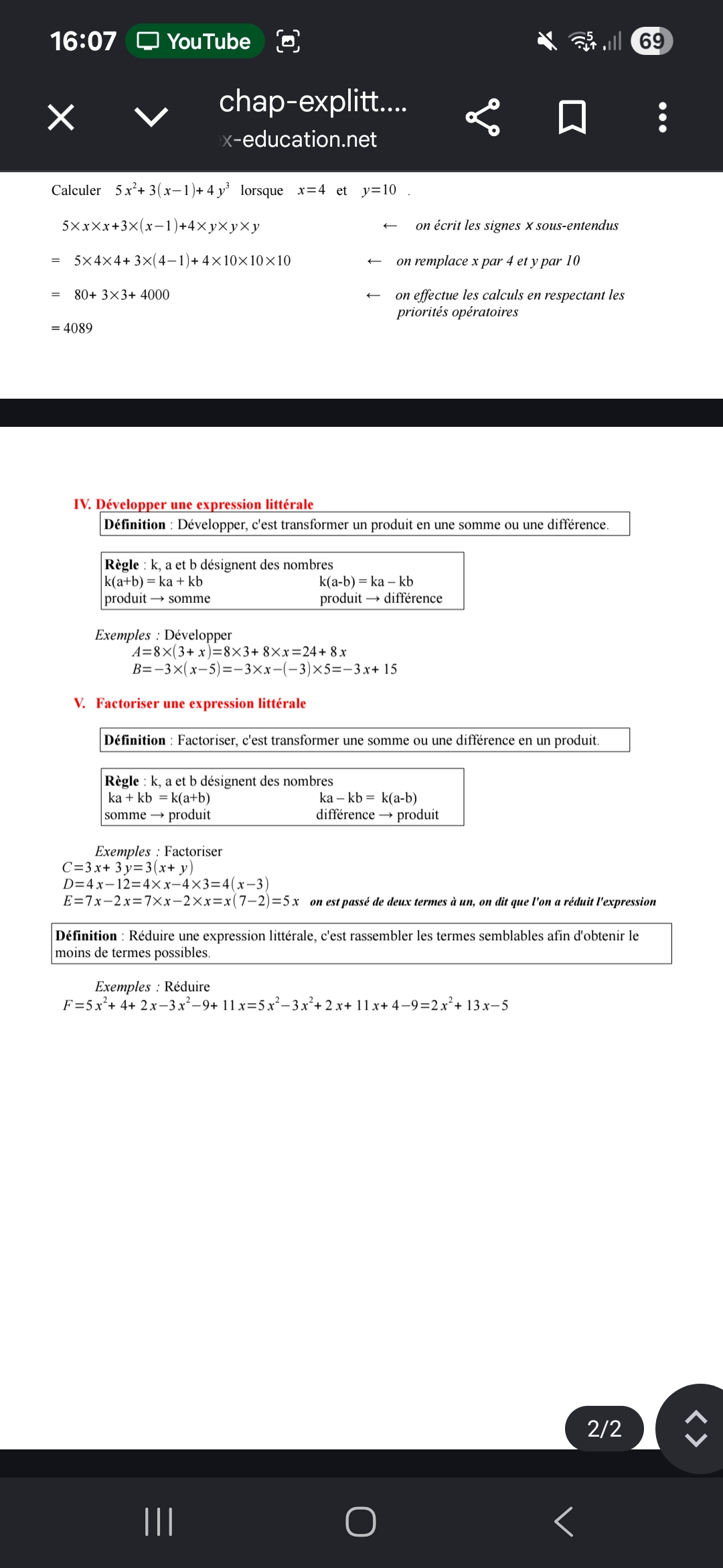 Photo d'un cours de  Expressions Littérales et Calculs