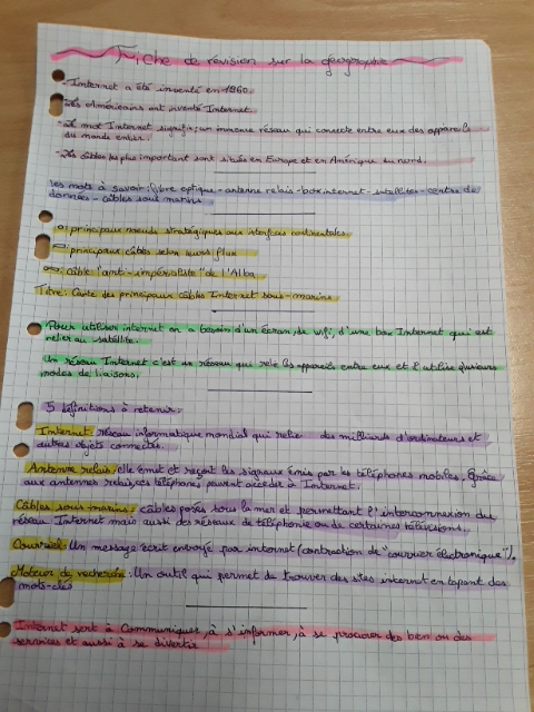 Photo d'un cours de  Fiche de révision géographie télécoms