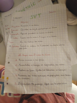 Photo d'un cours de  Fiche de révision sur les séismes