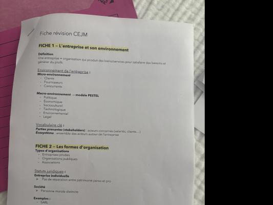 Photo d'un cours de  Fiche révision CEJM entreprise