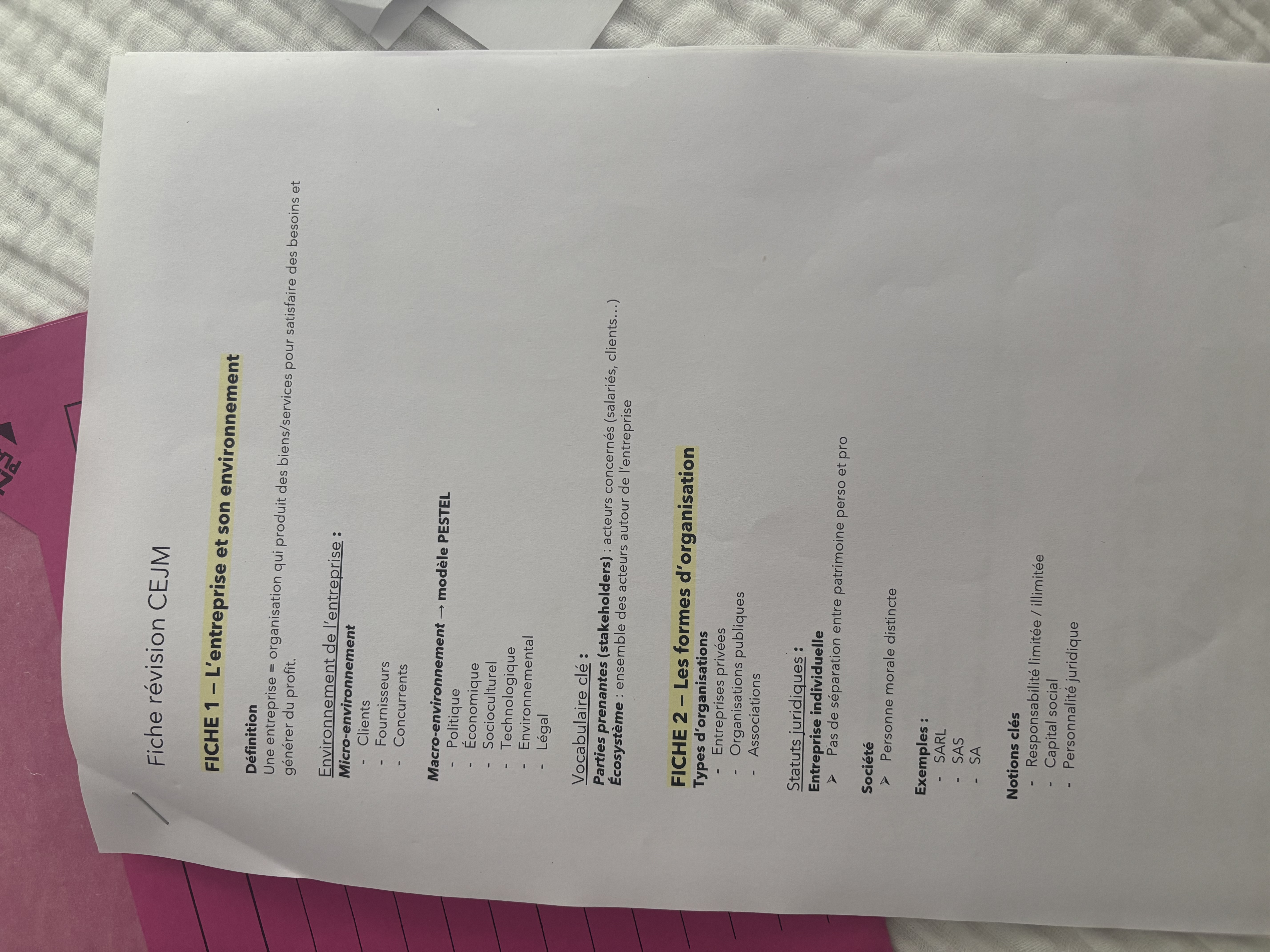 Photo d'un cours de  Fiche révision CEJM entreprise