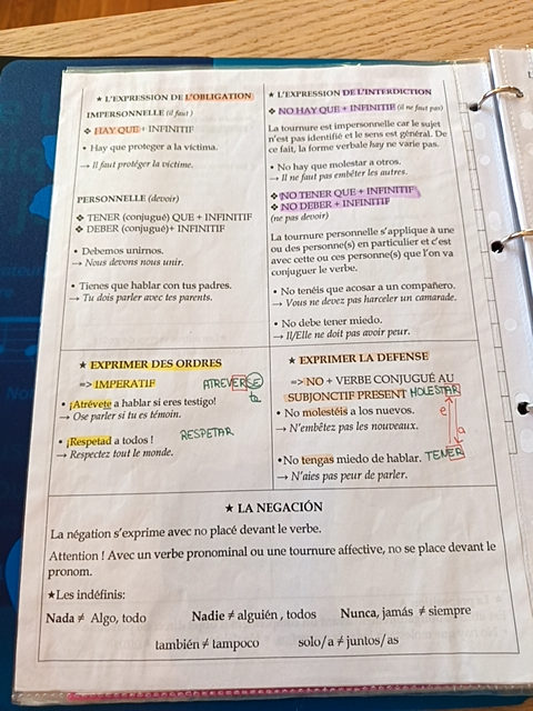 Photo d'un cours de  Grammaire Espagnole : Obligation et Négation