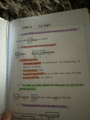 Photo d'un cours de  Grammaire Française : Le Sujet