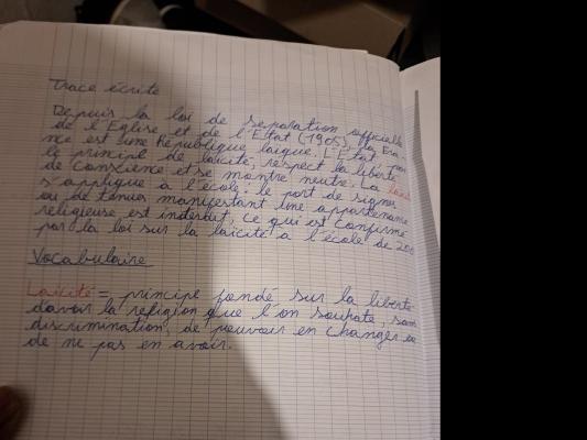 Photo d'un cours de  Laïcité et Éducation en France