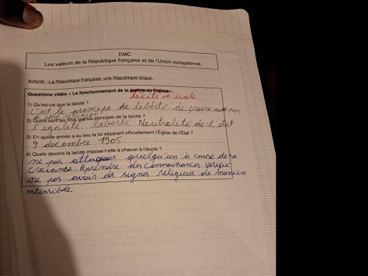 Photo d'un cours de  Laïcité et valeurs républicaines