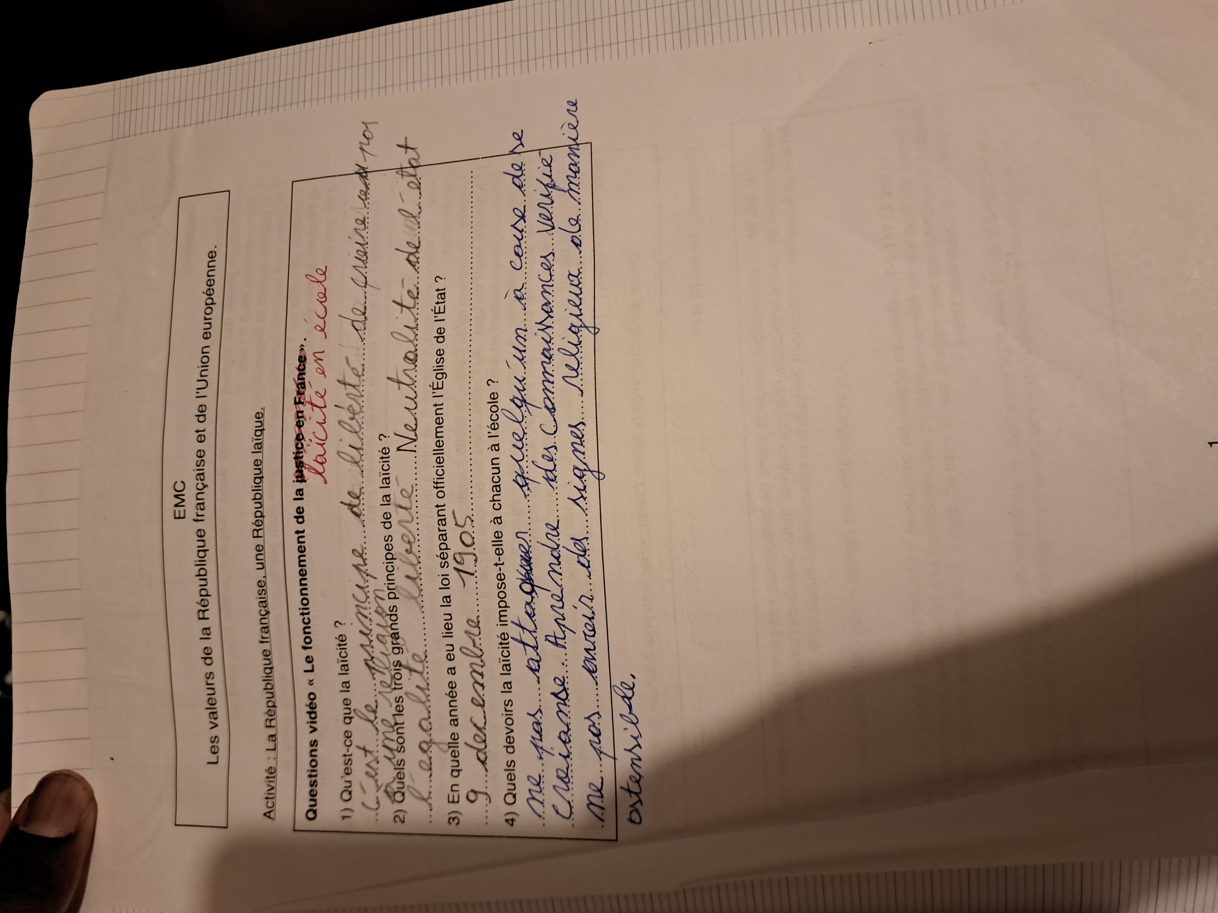 Photo d'un cours de  Laïcité et valeurs républicaines