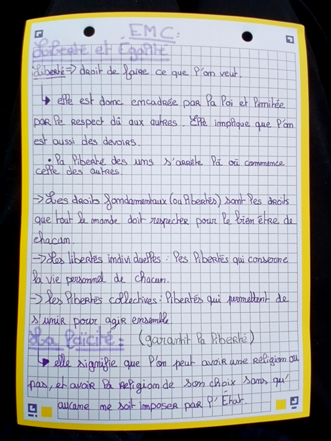 Photo d'un cours de  Liberté et Égalité en EMC