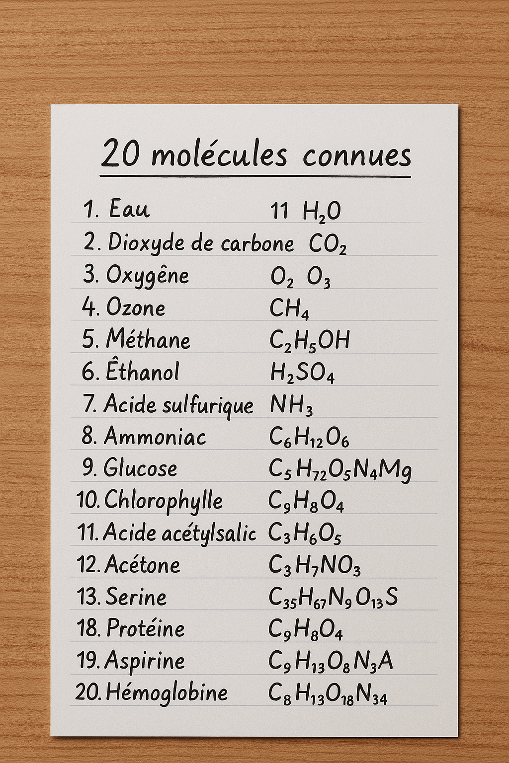 Photo d'un cours de  Liste de molécules courantes