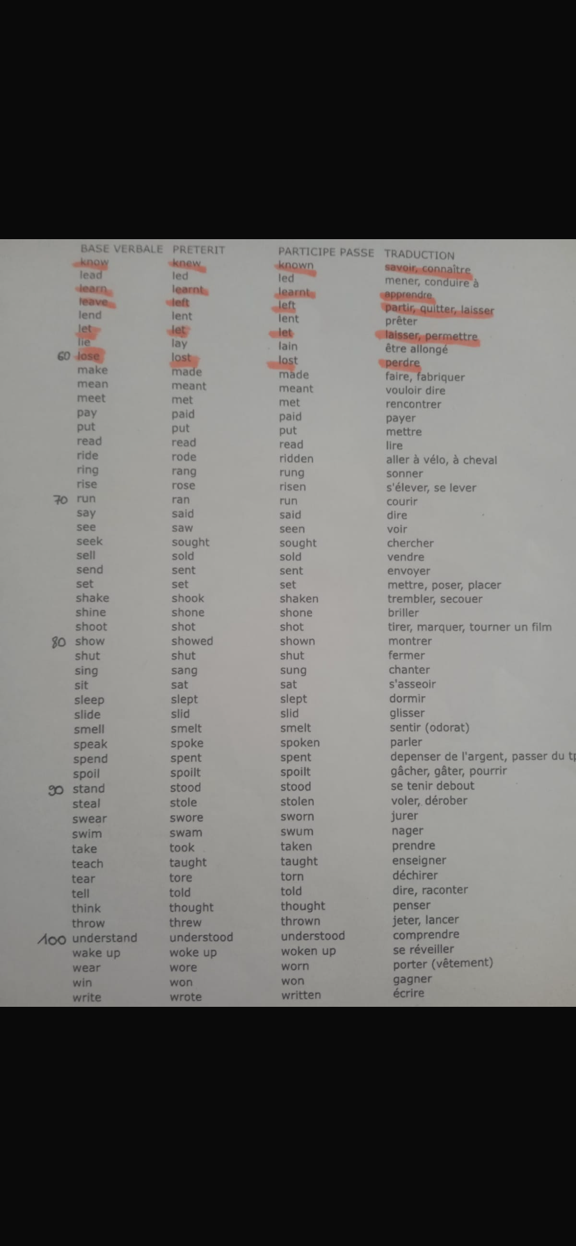 Photo d'un cours de  Liste de verbes irréguliers anglais