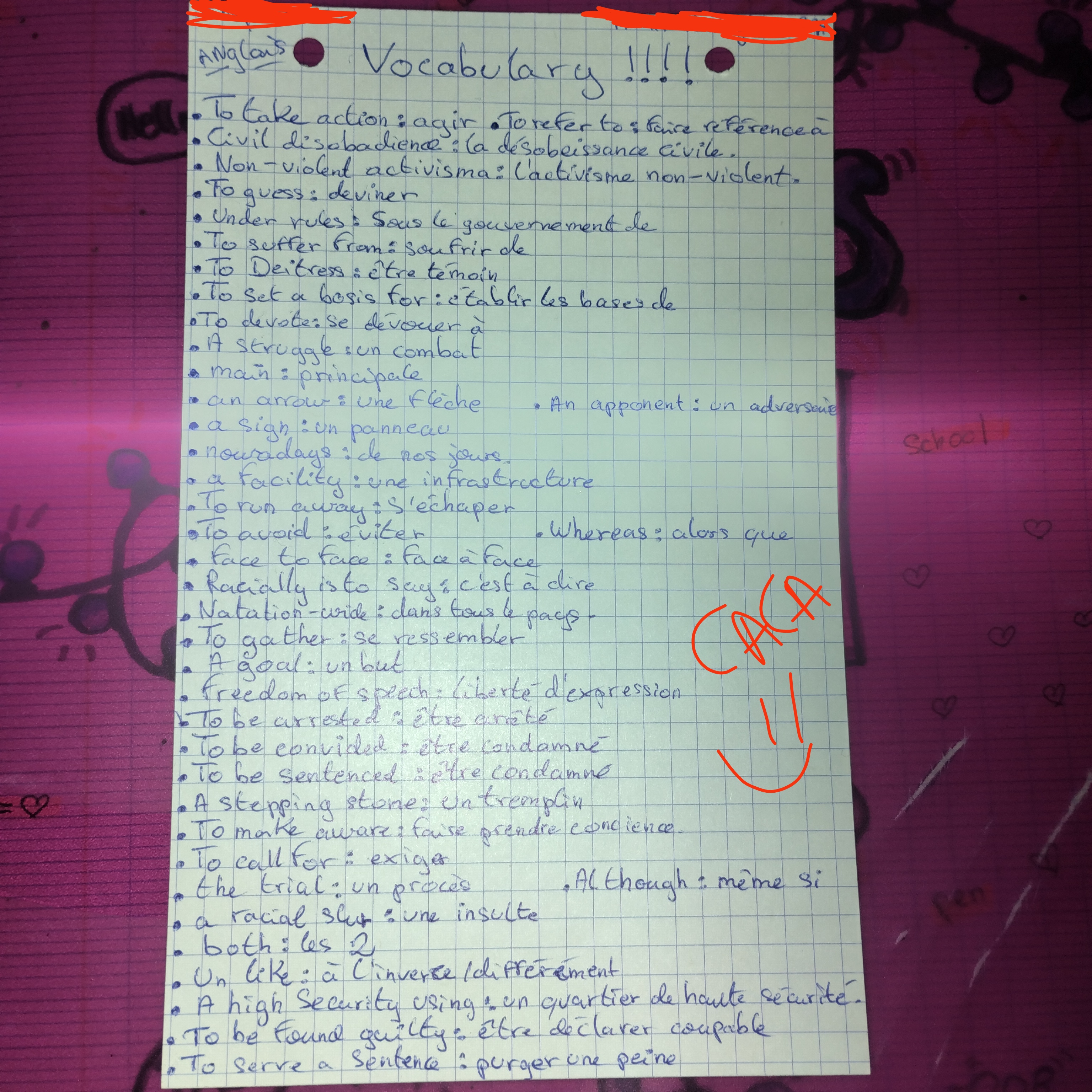 Photo d'un cours de  Liste de vocabulaire anglais-français