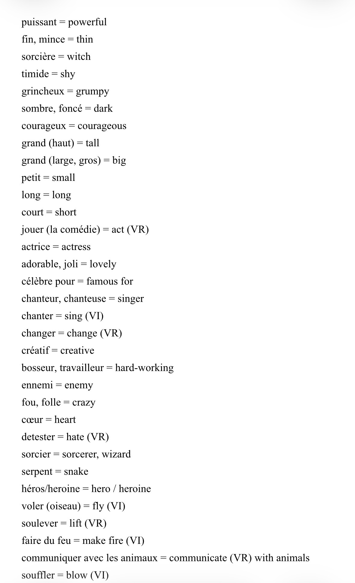 Photo d'un cours de  Liste de vocabulaire français-anglais