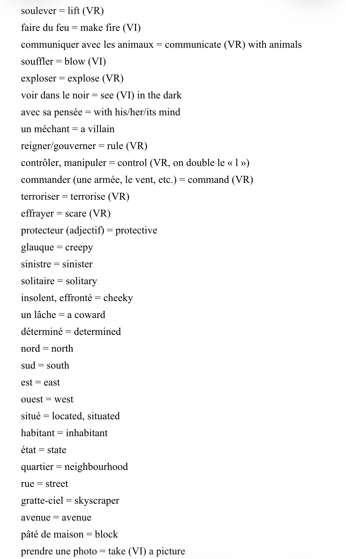 Photo d'un cours de  Liste de vocabulaire français-anglais