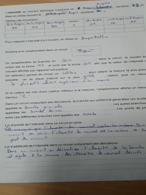 Photo d'un cours de  Mesure de l'intensité électrique