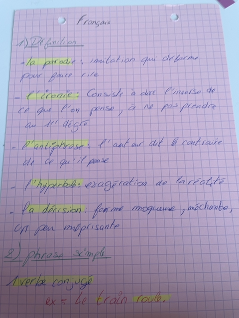 Photo d'un cours de  Notes sur les figures de style