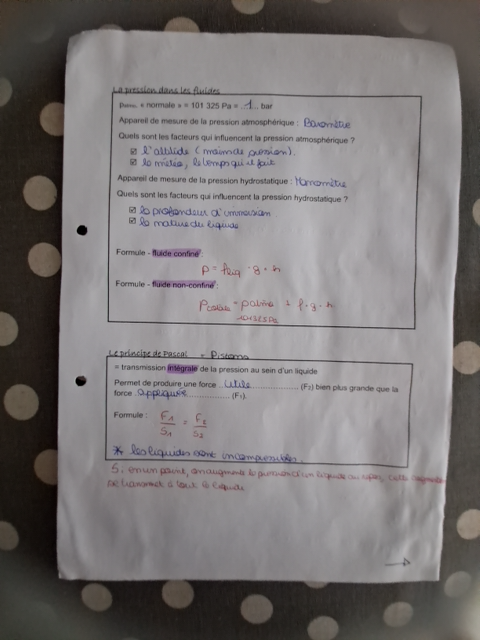 Photo d'un cours de  Pression dans les fluides