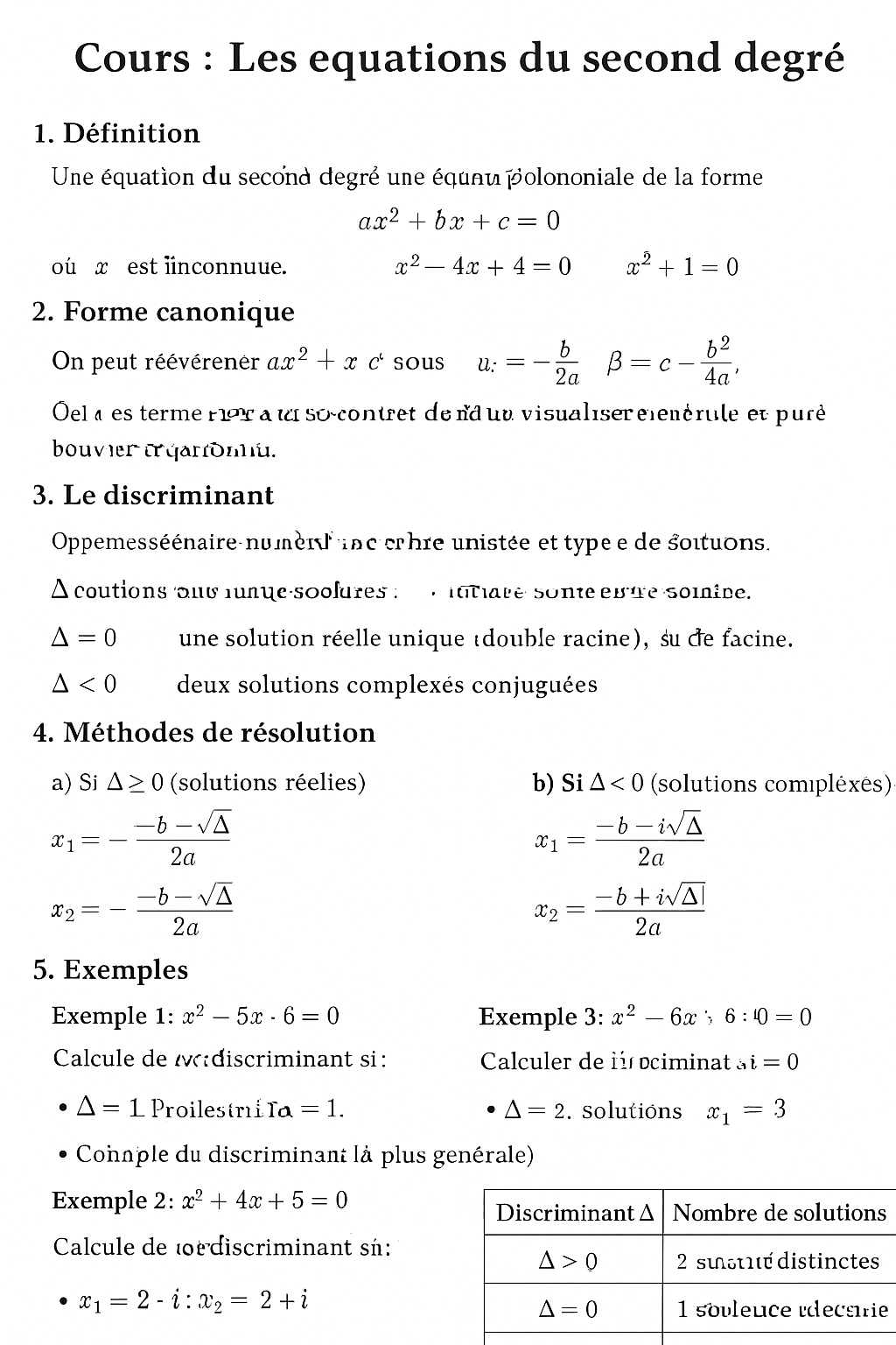 Photo d'un cours de  Équations du Second Degré