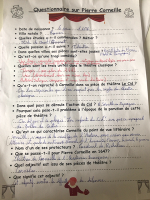 Photo d'un cours de  Questionnaire sur Pierre Corneille