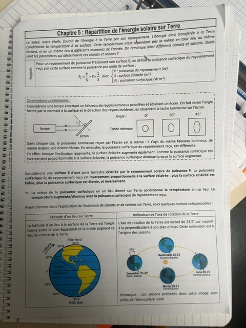 Photo d'un cours de  Répartition de l'énergie solaire
