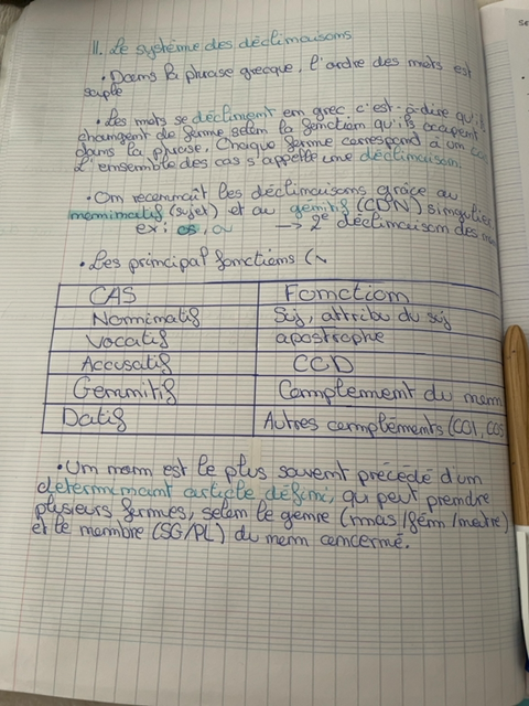 Photo d'un cours de  Système des déclinaisons grecques