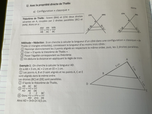 Photo d'un cours de  Théorème de Thalès Explication Géométrique