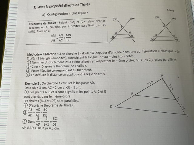 Photo d'un cours de  Théorème de Thalès Explication Géométrique