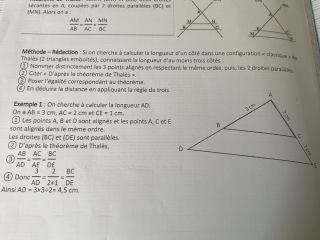 Photo d'un cours de  Théorème de Thalès expliqué