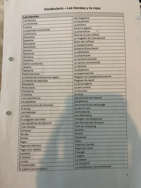 Photo d'un cours de  Vocabulaire : Magasins et Vêtements