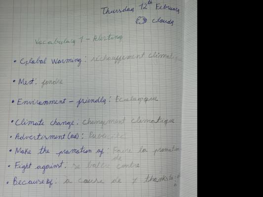 Photo d'un cours de  Vocabulaire Environnement et Climat