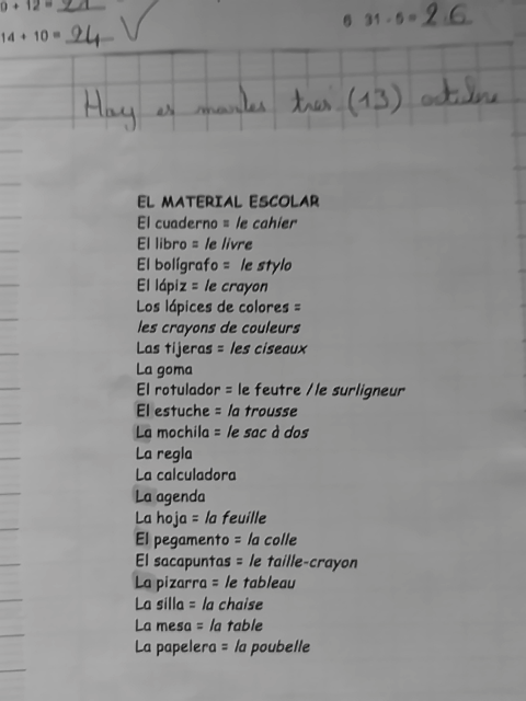 Photo d'un cours de  Vocabulaire Espagnol: Matériel Scolaire