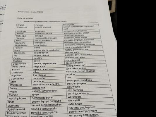 Photo d'un cours de  Vocabulaire professionnel : monde du travail